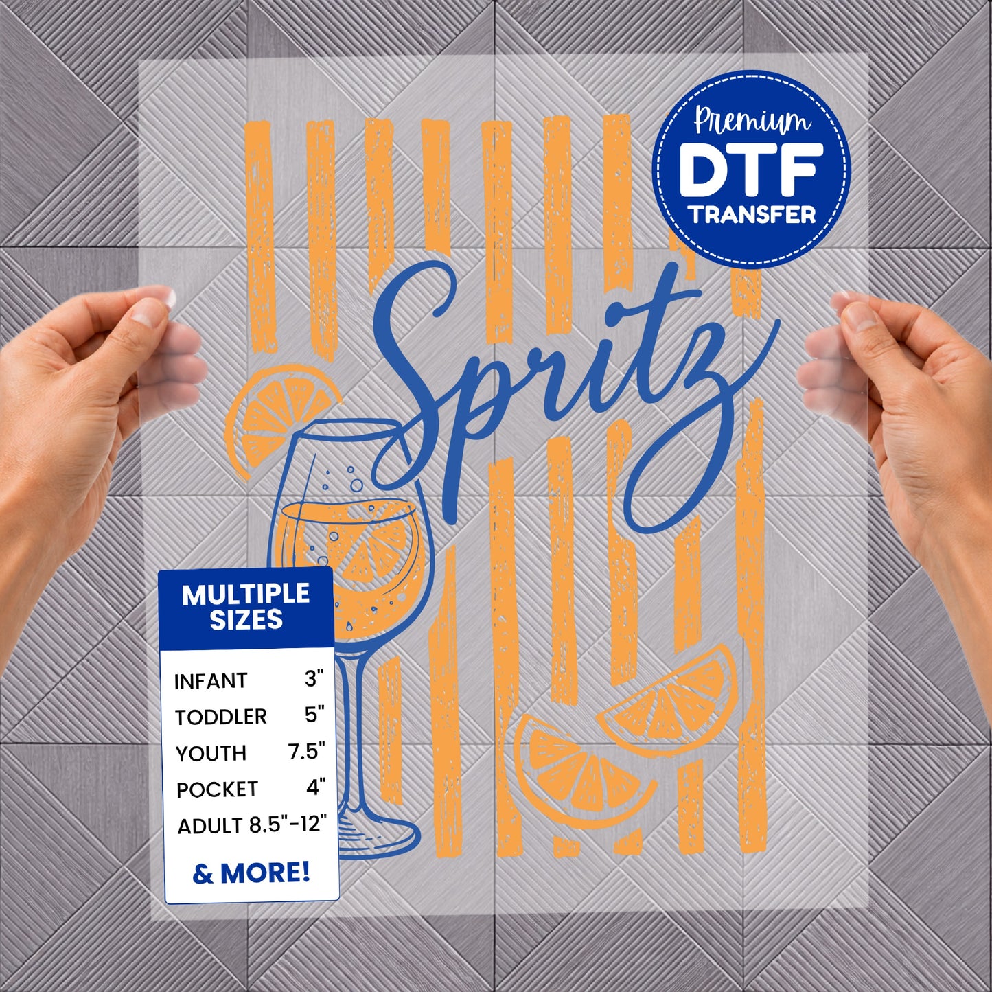"Spritz" DTF transfer with orange stripes and fruit slices, available in multiple sizes.