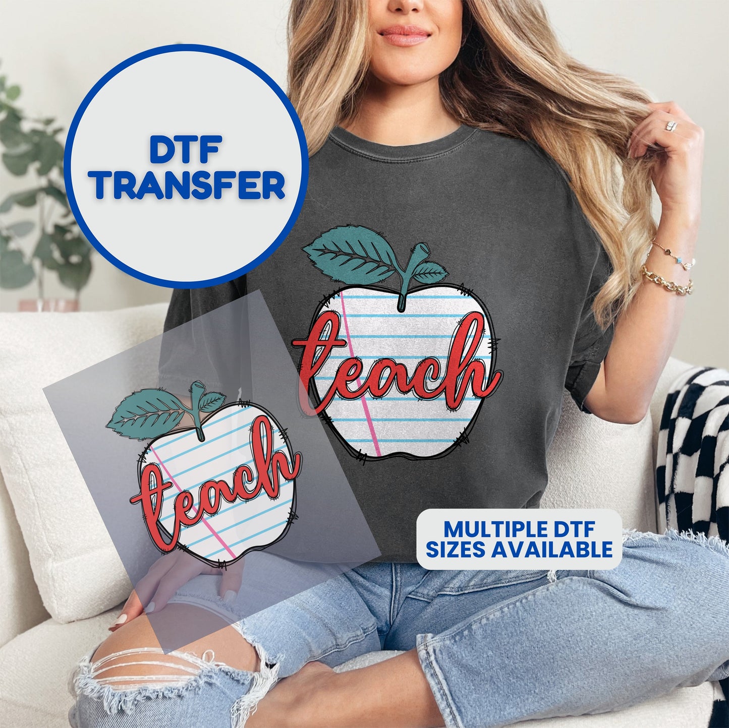 DTF transfer featuring an apple with "teach" written on lined paper.