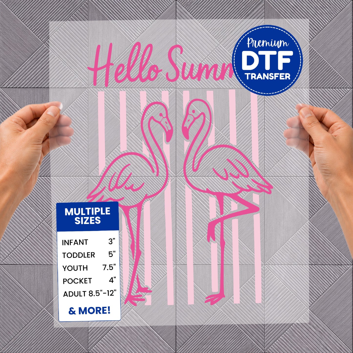 Two pink flamingos with "Hello Summer" text and size chart.