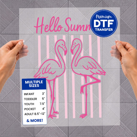 Two pink flamingos with "Hello Summer" text and size chart.