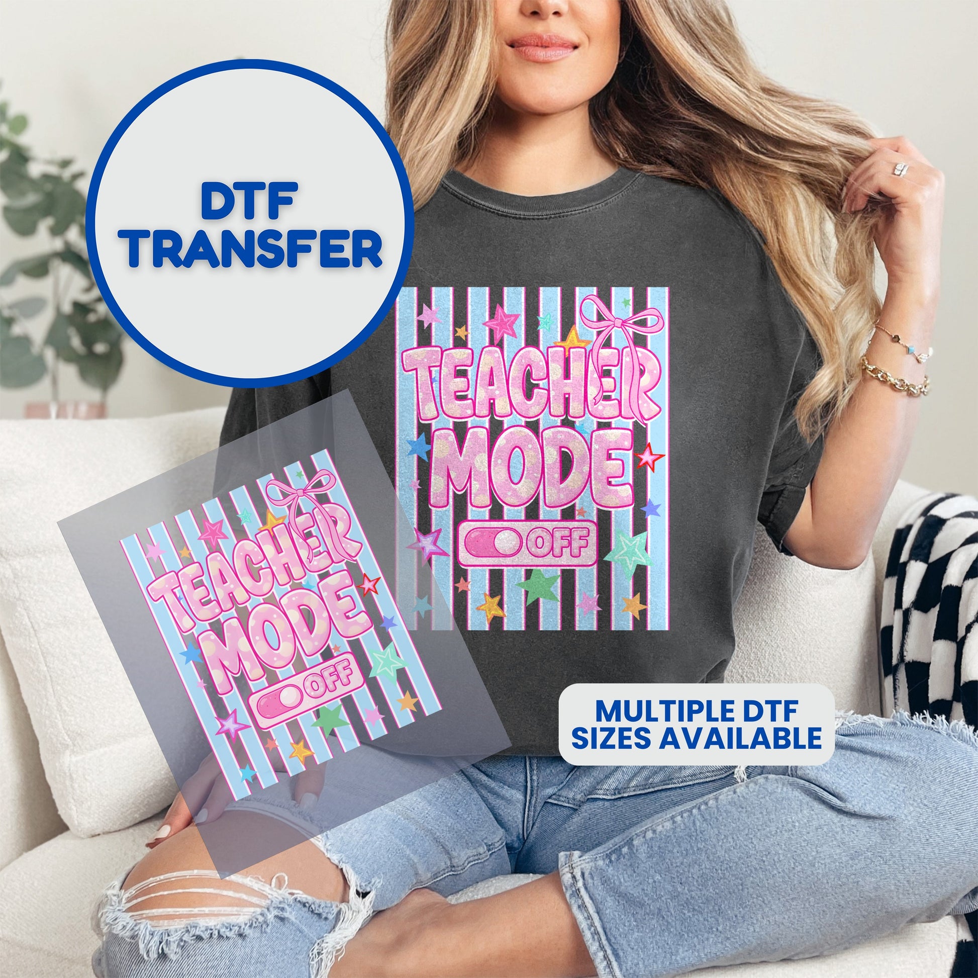 DTF transfer of "Teacher Mode" design with stars and stripes, on a t-shirt.