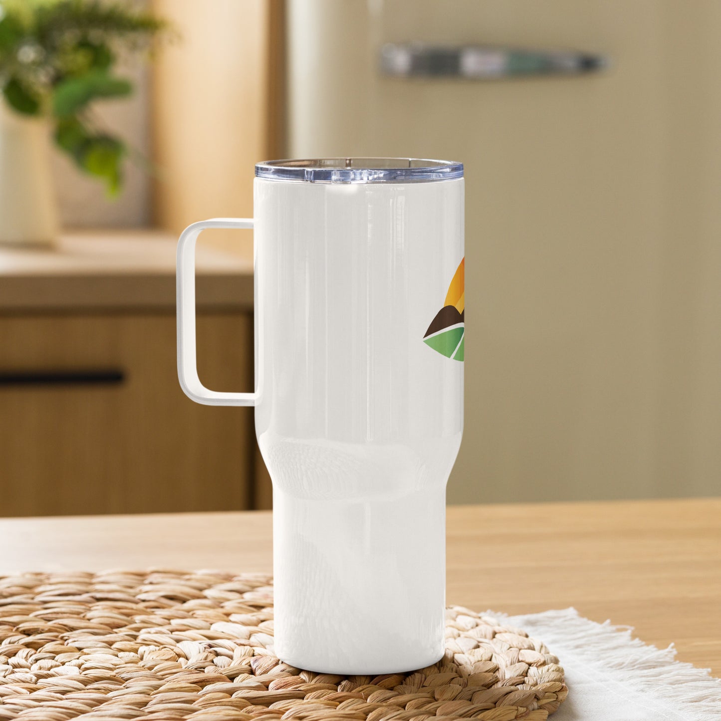 Personalized 25oz travel mug showing handle and lid from a side angle