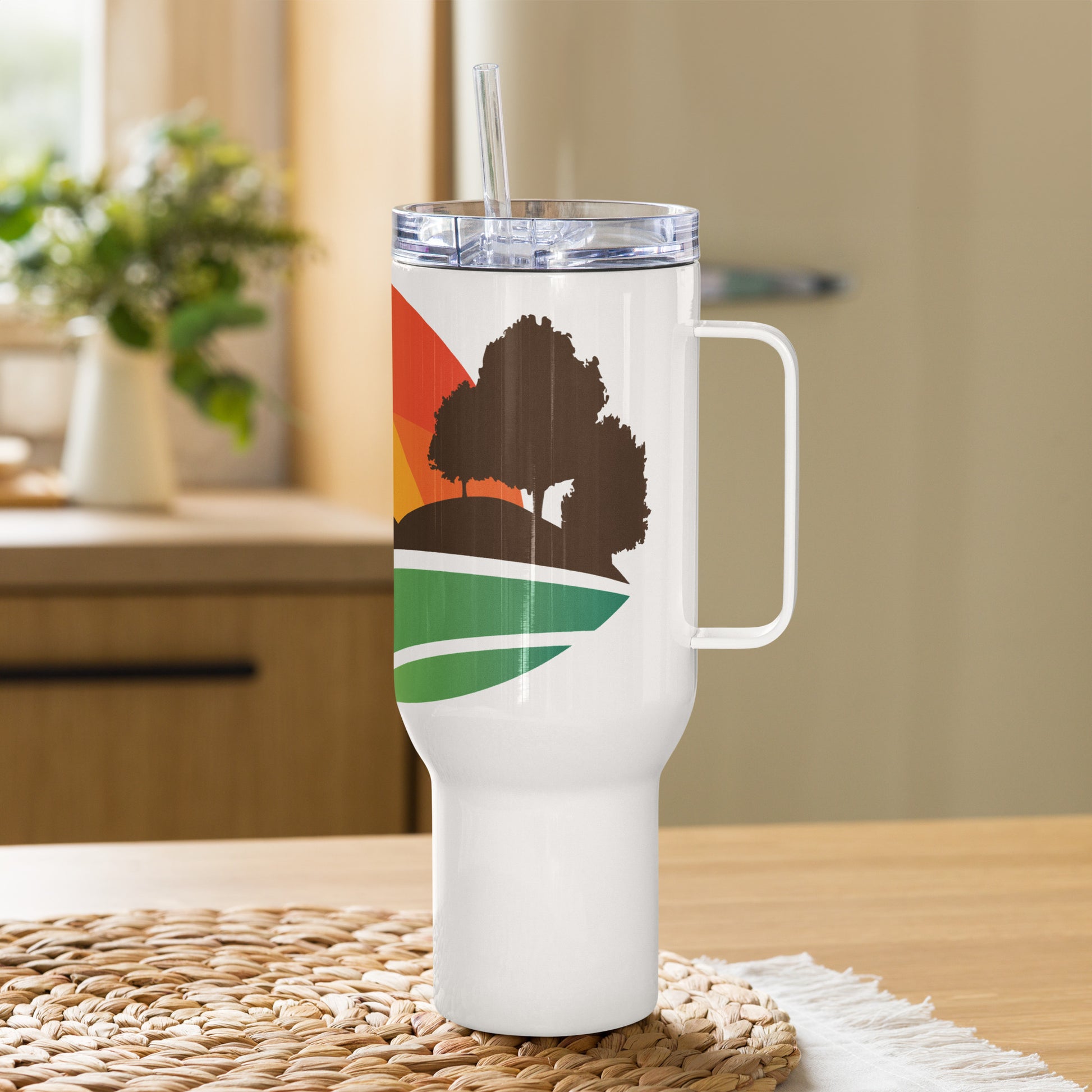 Custom 40oz travel mug showing handle and lid detail