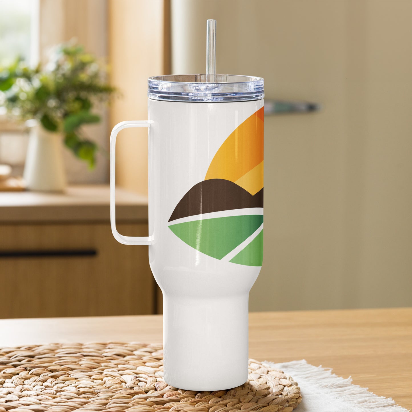 Personalized 40oz travel mug mockup with handle in white